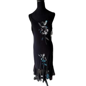 Women's‎ Size 10 Eva Blue Slip Dress Floral Black Y2K Festival Beaded Strap Flaw